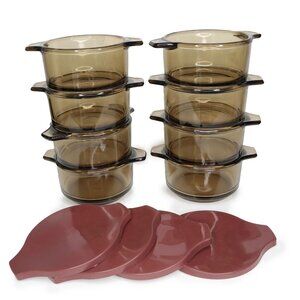 Vintage Dynaware Pyr-O-Rey Amber Glass Small Baking Casserole Bowls Mexico x 8